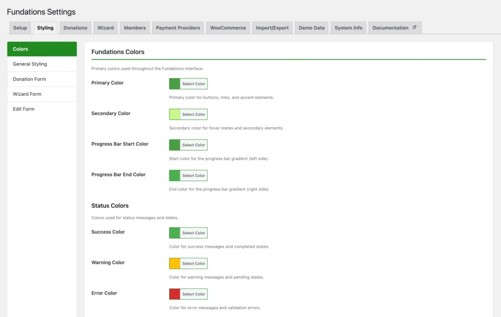 Fundations Settings styling panel showing color customization options