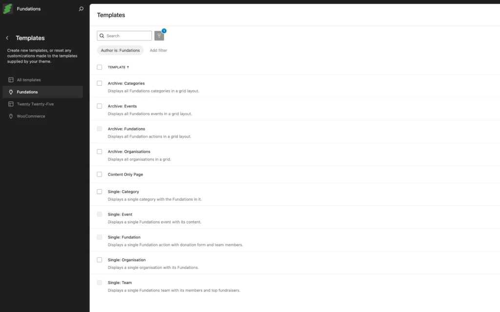 WordPress Fundations plugin templates management dashboard screen