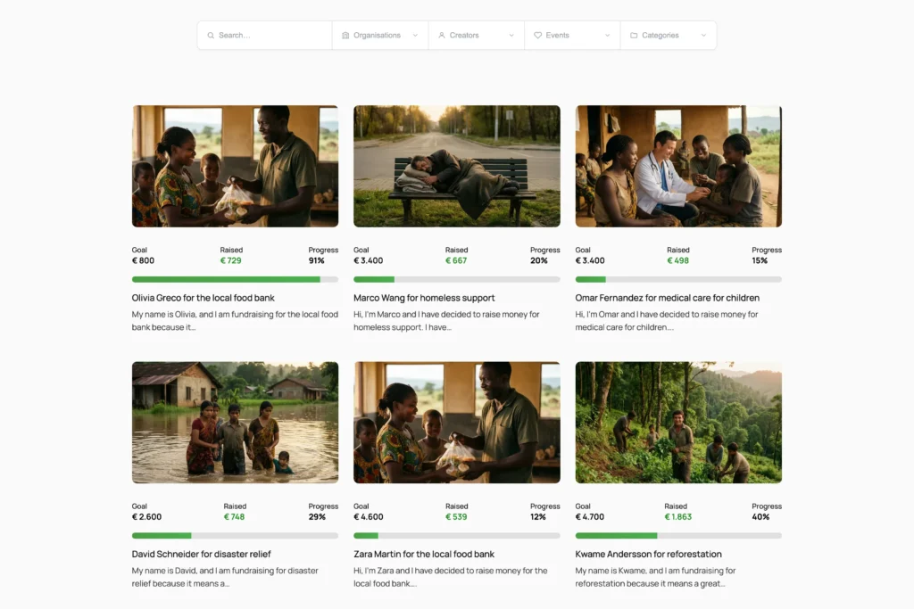 Crowdfunding platform showcasing six charitable fundraising campaigns