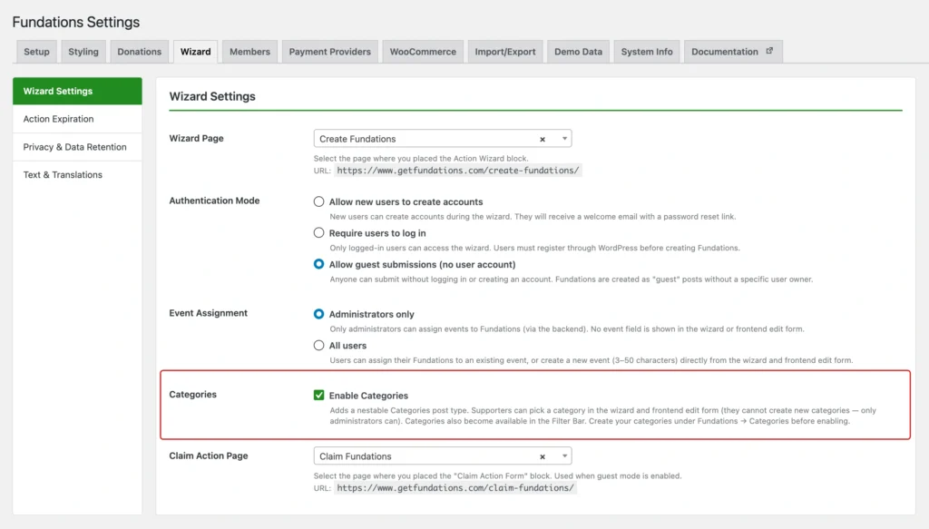 Fundations Settings Wizard configuration panel screenshot
