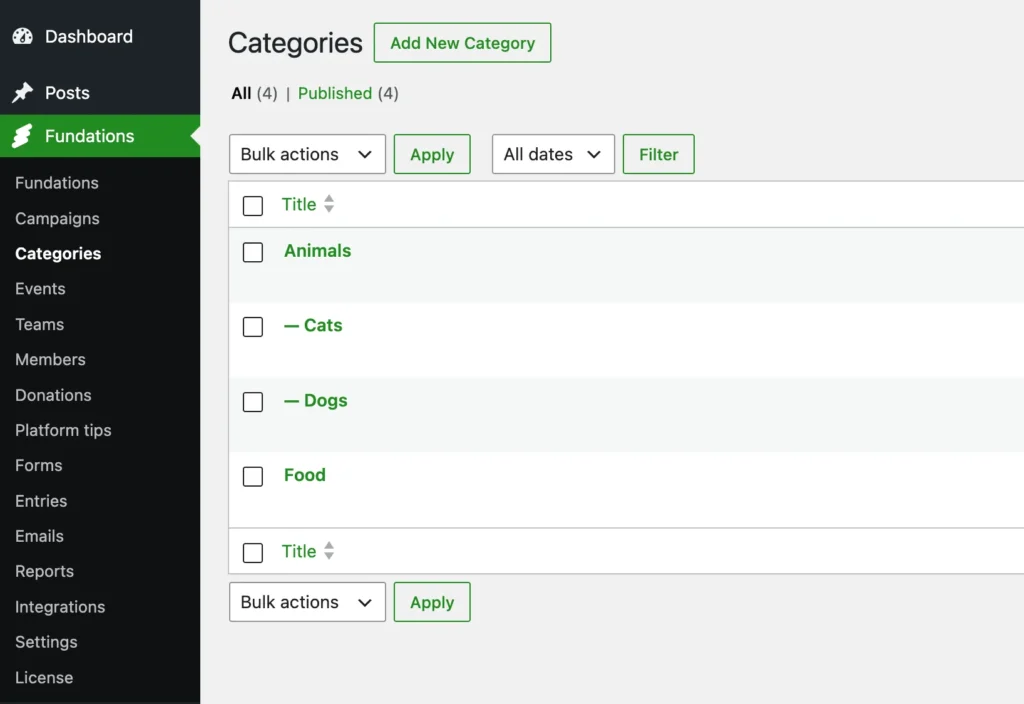 WordPress Fundations plugin Categories admin panel