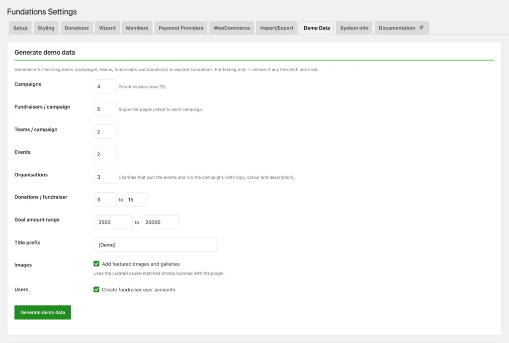 Fundations plugin demo data settings configuration panel