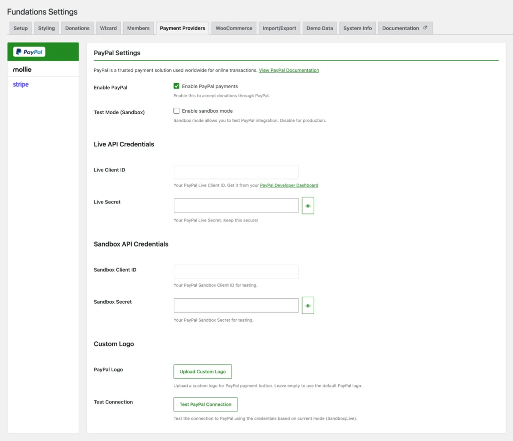 Fundations Settings PayPal payment provider configuration panel