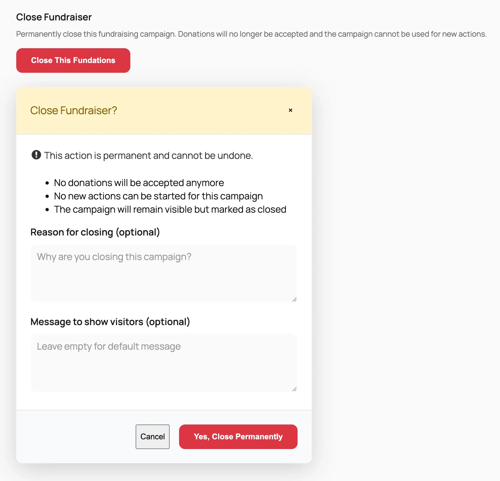 Close Fundraiser confirmation dialog with permanent warning
