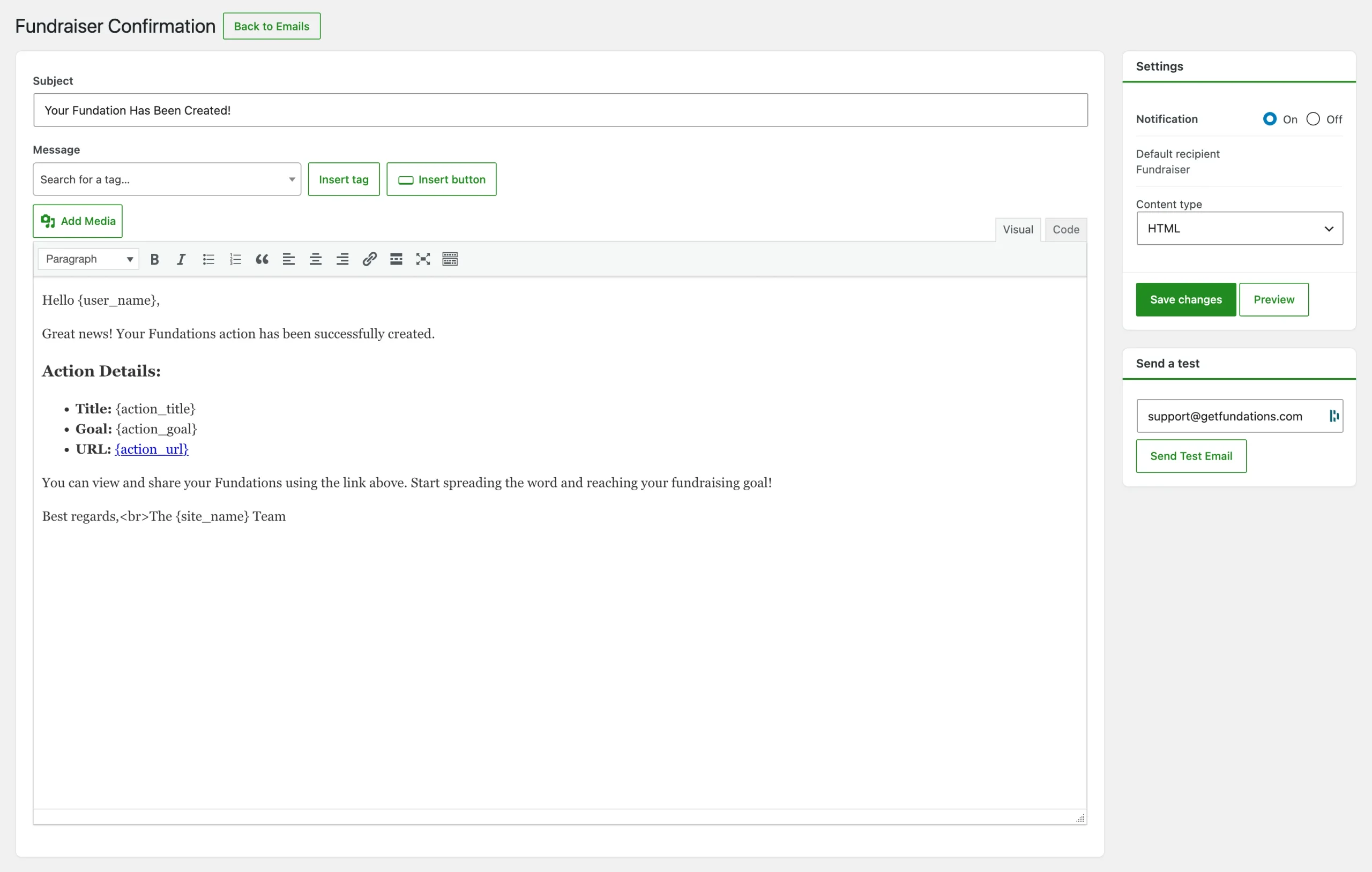 Fundraiser confirmation email template editor interface