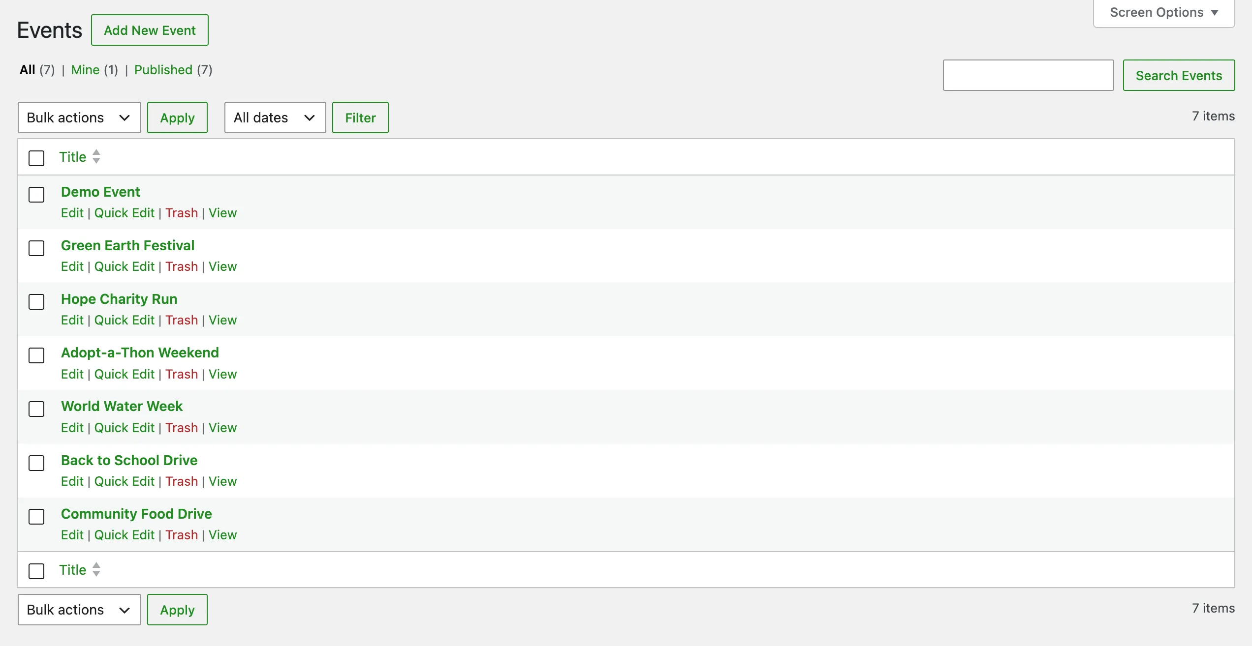 WordPress Events admin panel listing seven published events