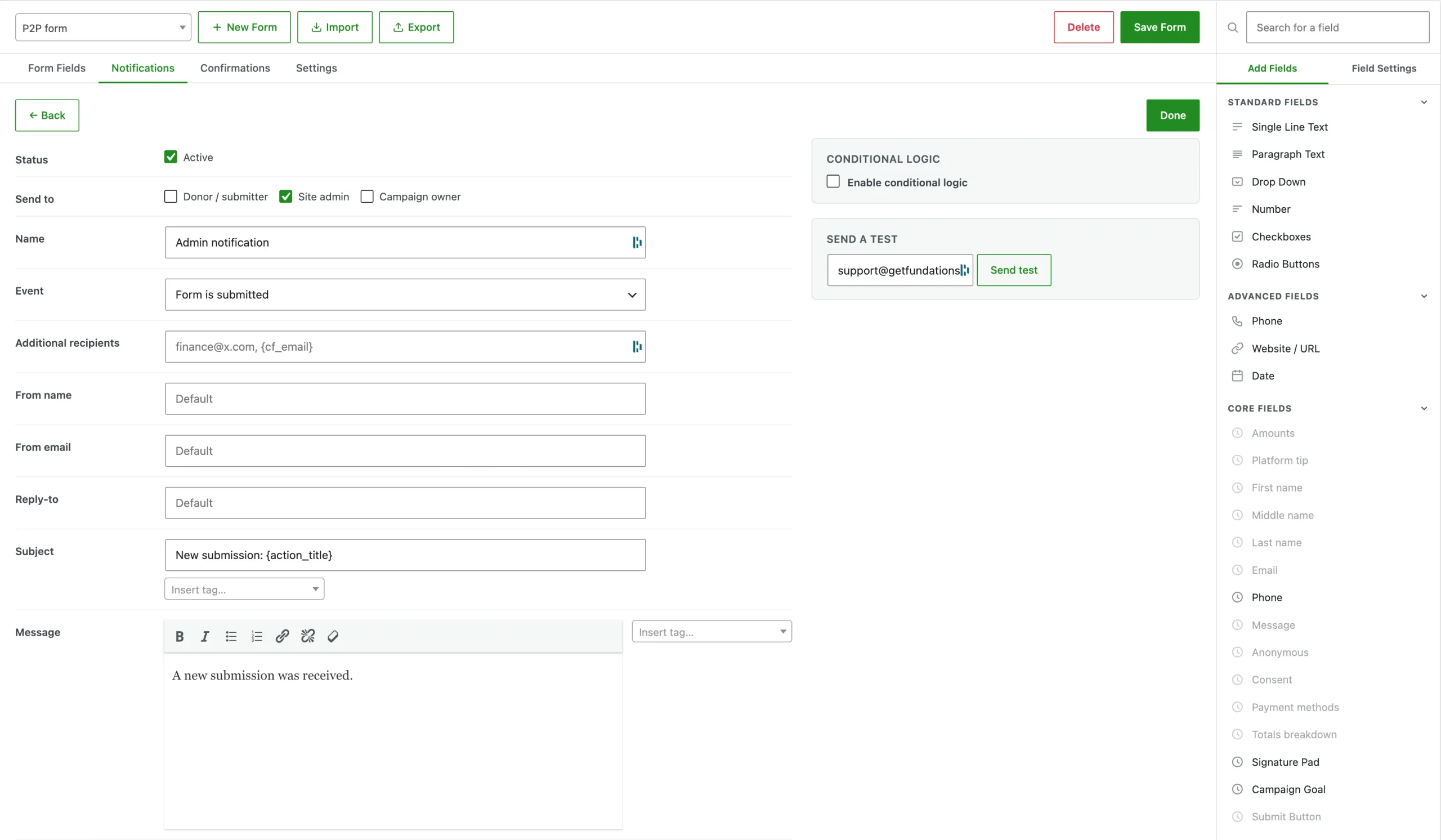 P2P form notification settings configuration panel