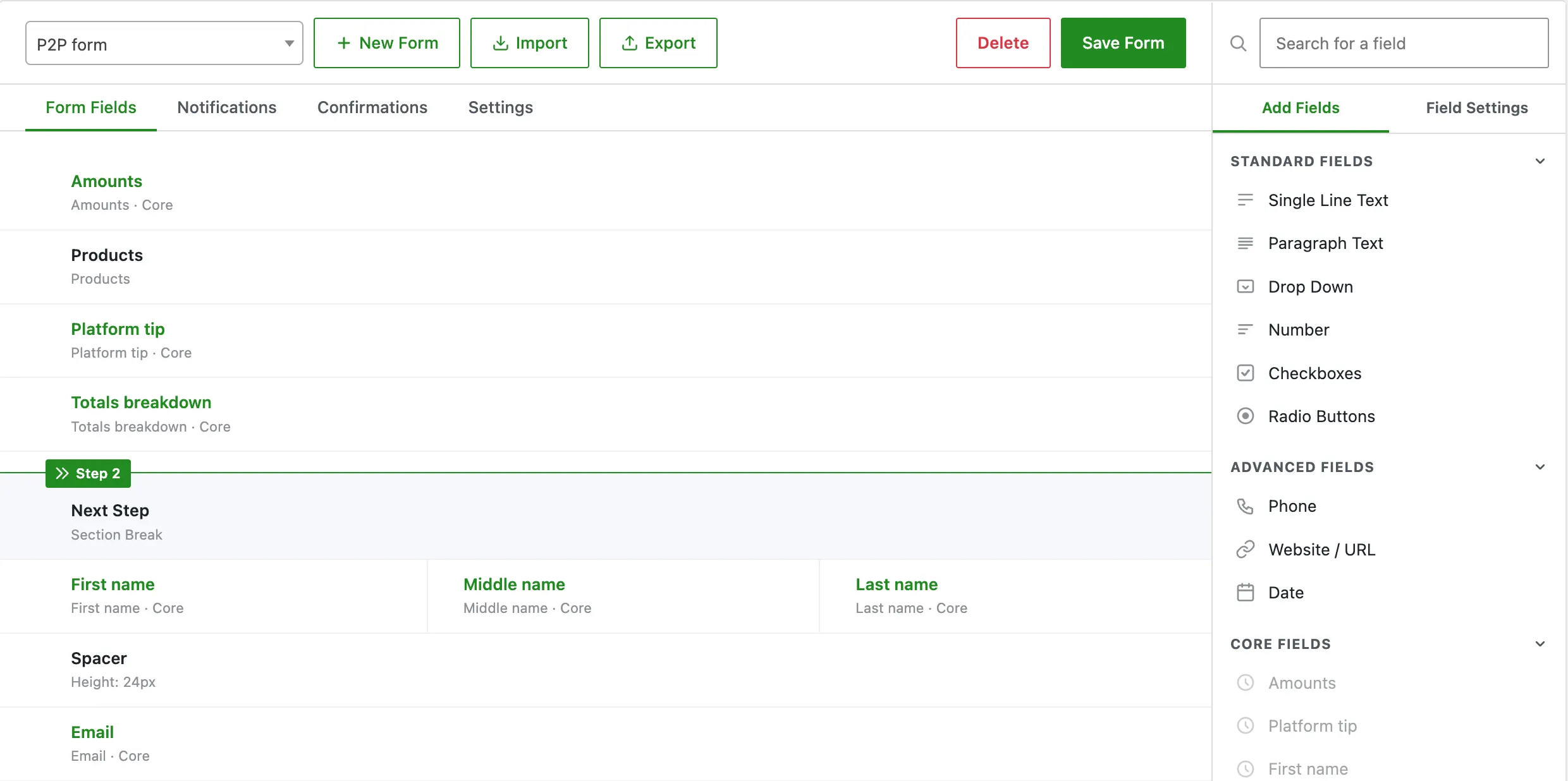 P2P form builder interface with fields and settings panel