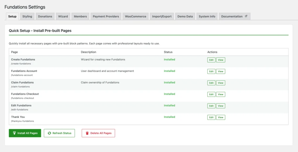 Fundations Settings plugin setup page with installed pre-built pages