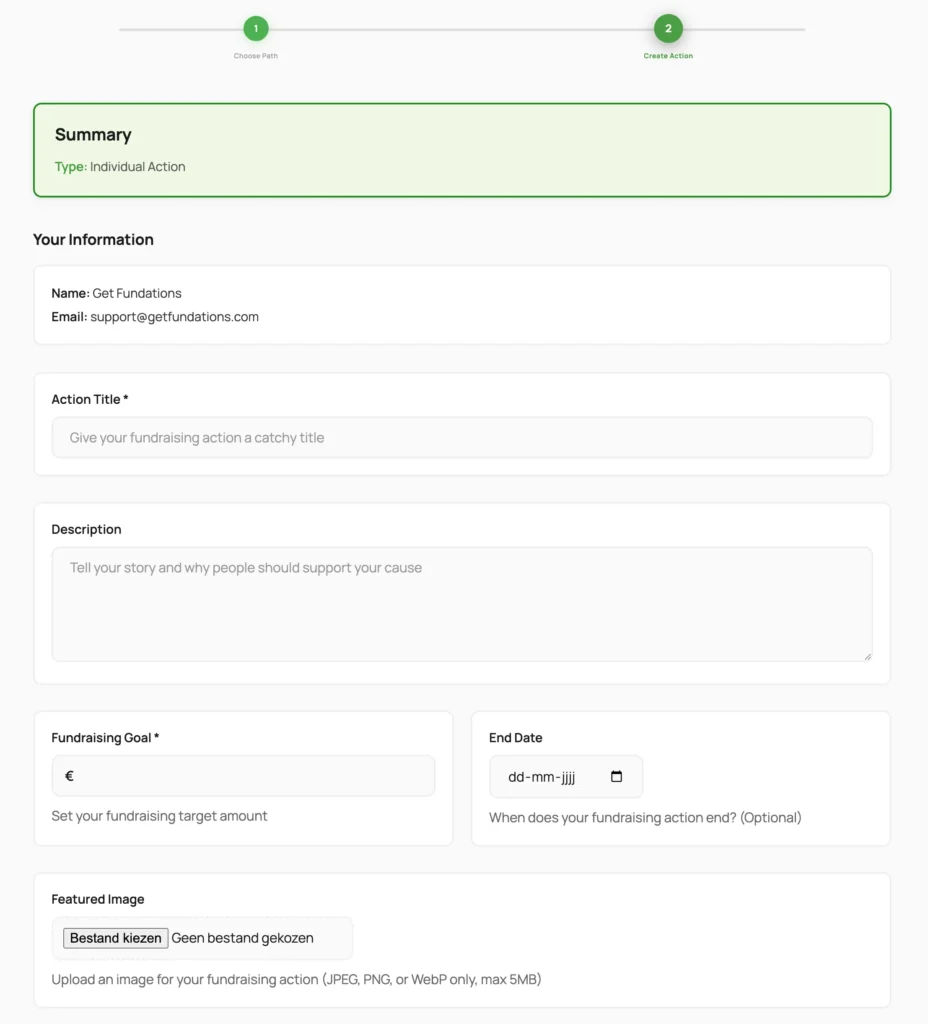 Step 2 fundraising action creation form interface